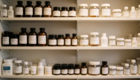 Out of focus shelf with amber and white glass bottles, suitable for homeopathy service text overlays