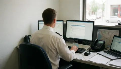 Taxi dispatcher working at a desk with a laptop, maps, and documents in a professional dispatch office setting.