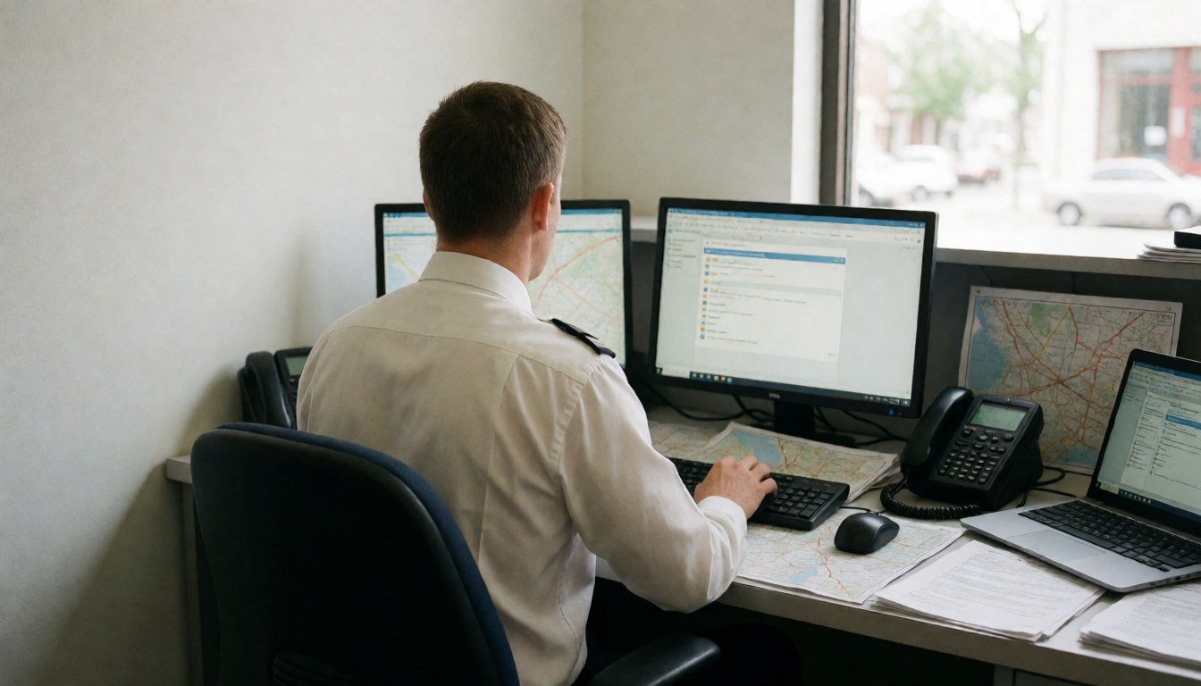 Taxi dispatcher working at a desk with a laptop, maps, and documents in a professional dispatch office setting.