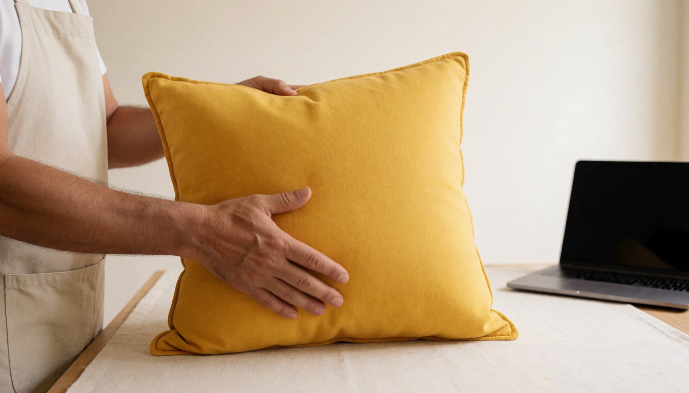 Carpenter wearing an apron adjusts a yellow decorative pillow in a well-lit workshop, showing attention to detail in the final product.