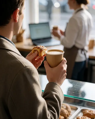 A happy customer enjoys coffee and cake at a bakery counter while a vendor attends to them in the background near a street-view window.