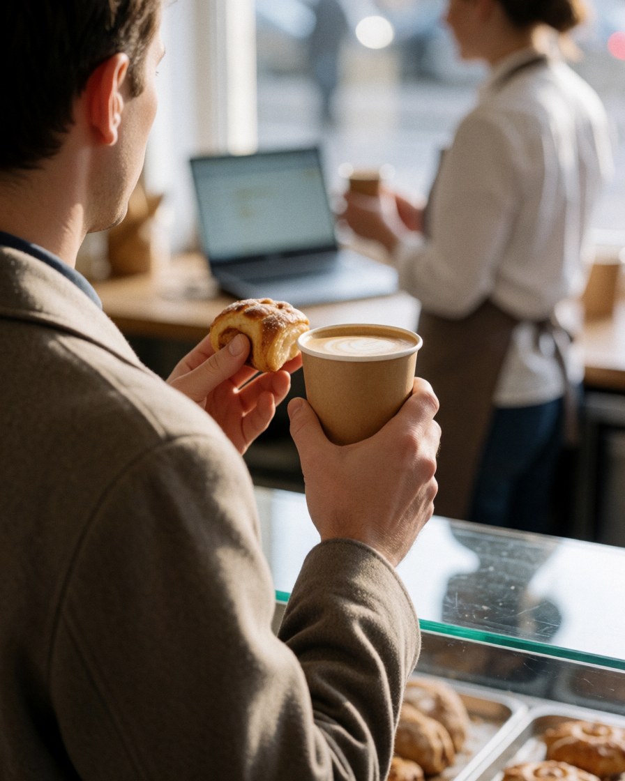 A happy customer enjoys coffee and cake at a bakery counter while a vendor attends to them in the background near a street-view window.
