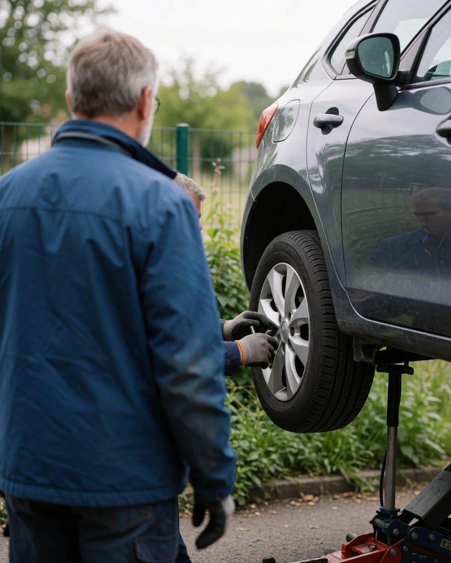Mechanic wearing gloves changes a tire on a car lifted by a jack while a customer watches from behind in an outdoor workshop setting with greenery.