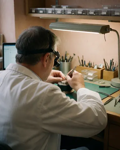Watch repair technician using a loupe and tweezers to fix a watch in a clean, organized workshop with shelves of parts and focused lighting
