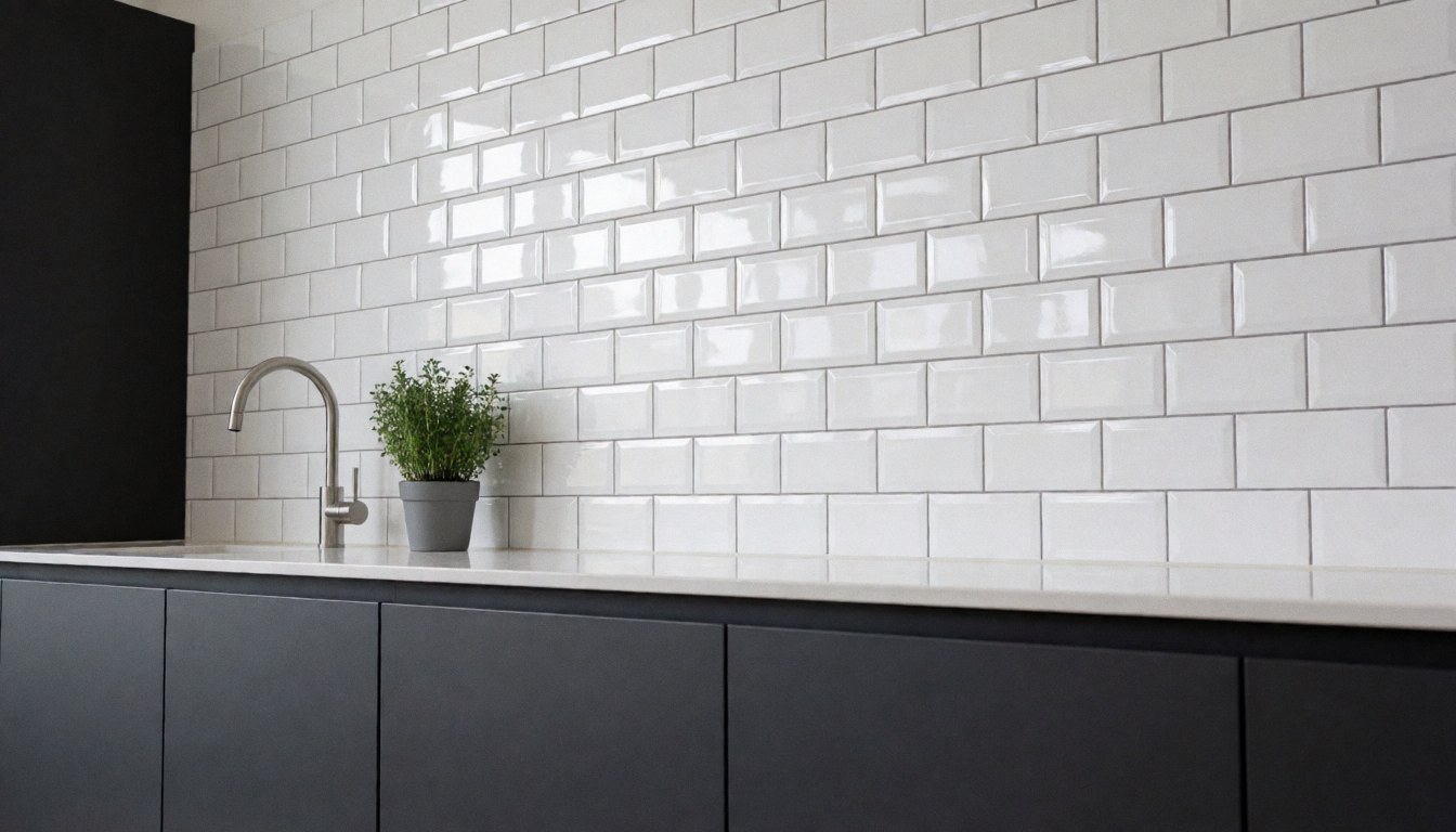 Modern kitchen featuring glossy white ceramic tiles, gray cabinets, and a stainless steel sink faucet.