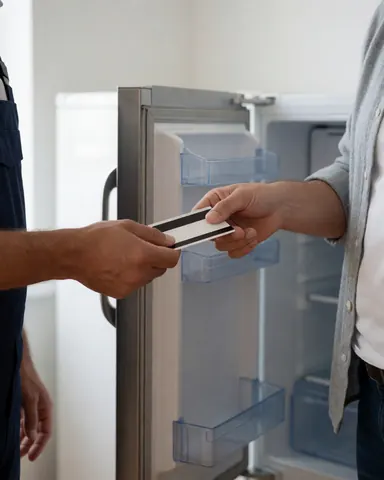 A satisfied customer holds a warranty card handed by a technician after refrigerator repair, with the open door and white interior visible.