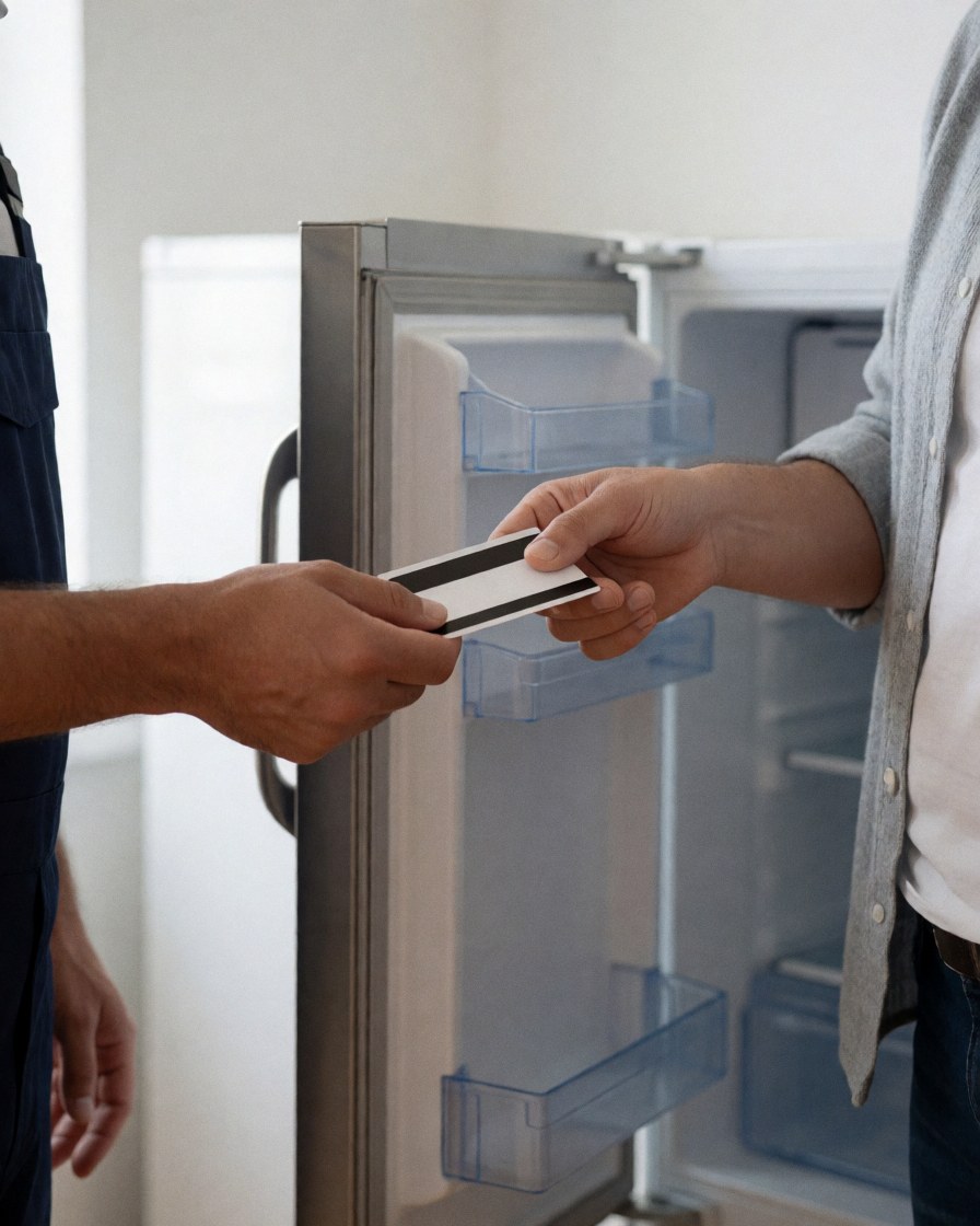 A satisfied customer holds a warranty card handed by a technician after refrigerator repair, with the open door and white interior visible.