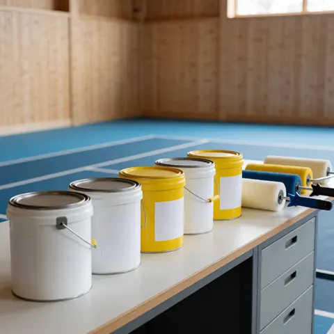 Paint rollers and containers on a table near a tennis court: product photo for tennis court installers websites