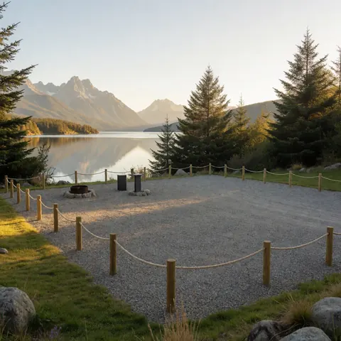 Campfire pit surrounded by rope and wooden posts on a gravel campsite near a lake with mountain reflections