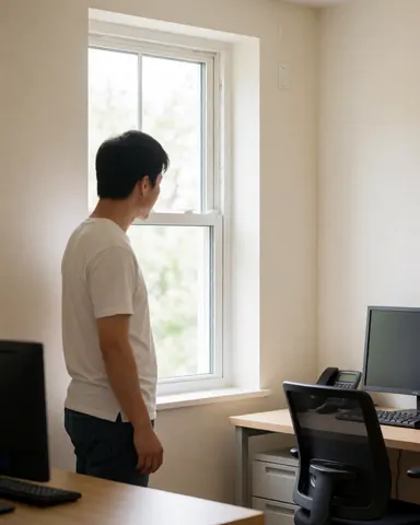 A satisfied customer looks at a newly installed casement window in a modern office with white walls and natural daylight.