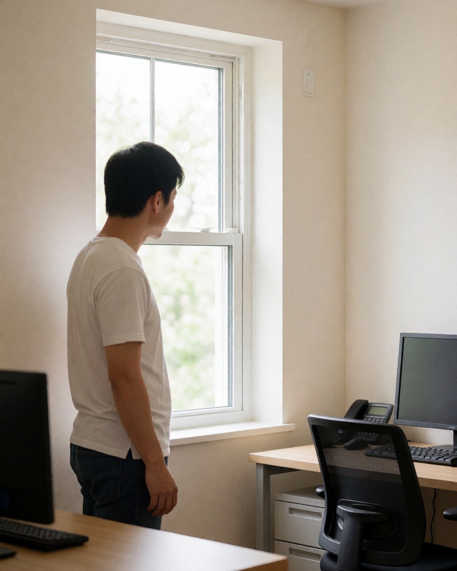 A satisfied customer looks at a newly installed casement window in a modern office with white walls and natural daylight.