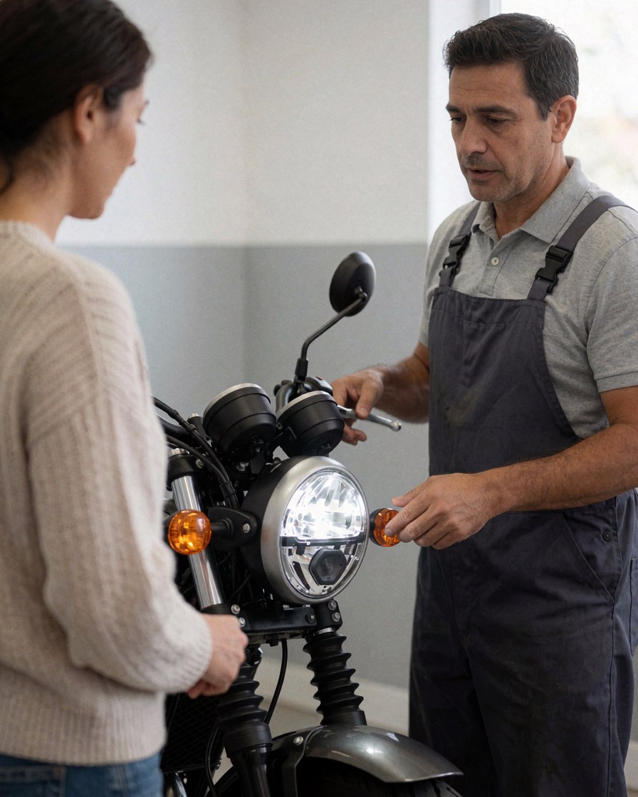 Mechanic in apron explains repaired motorcycle headlight to customer in workshop with gray walls and bright light