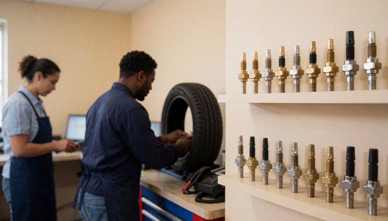 Tire repair shop with a technician working on a tire and air valves on a shelf, professional and tidy environment.