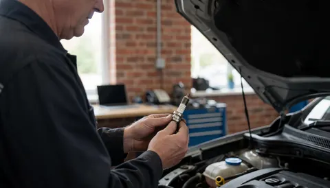 Mechanic checking spark plug in car engine at workshop with brick wall
