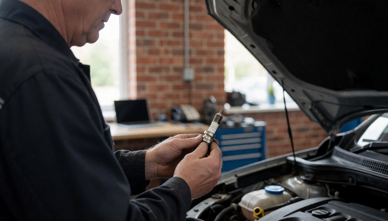 Mechanic checking spark plug in car engine at workshop with brick wall