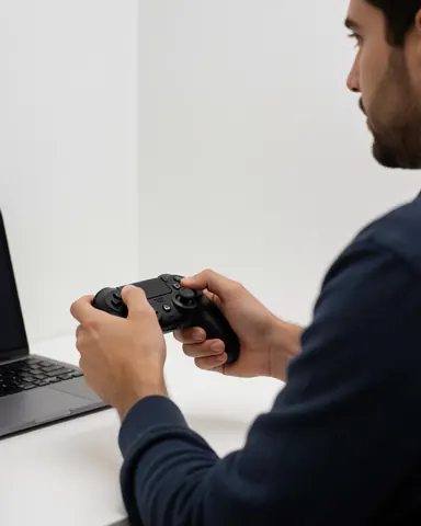A person holding a game controller in a modern entertainment center with a laptop on a white table