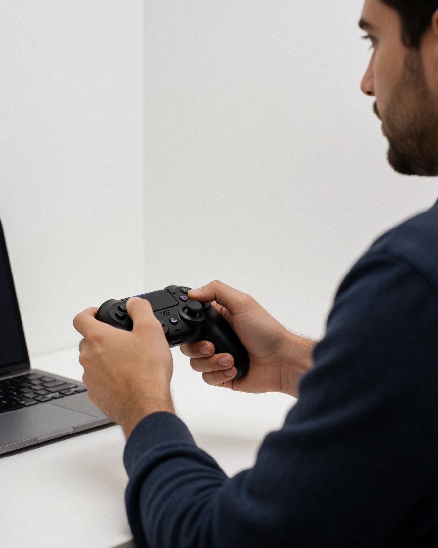 A person holding a game controller in a modern entertainment center with a laptop on a white table