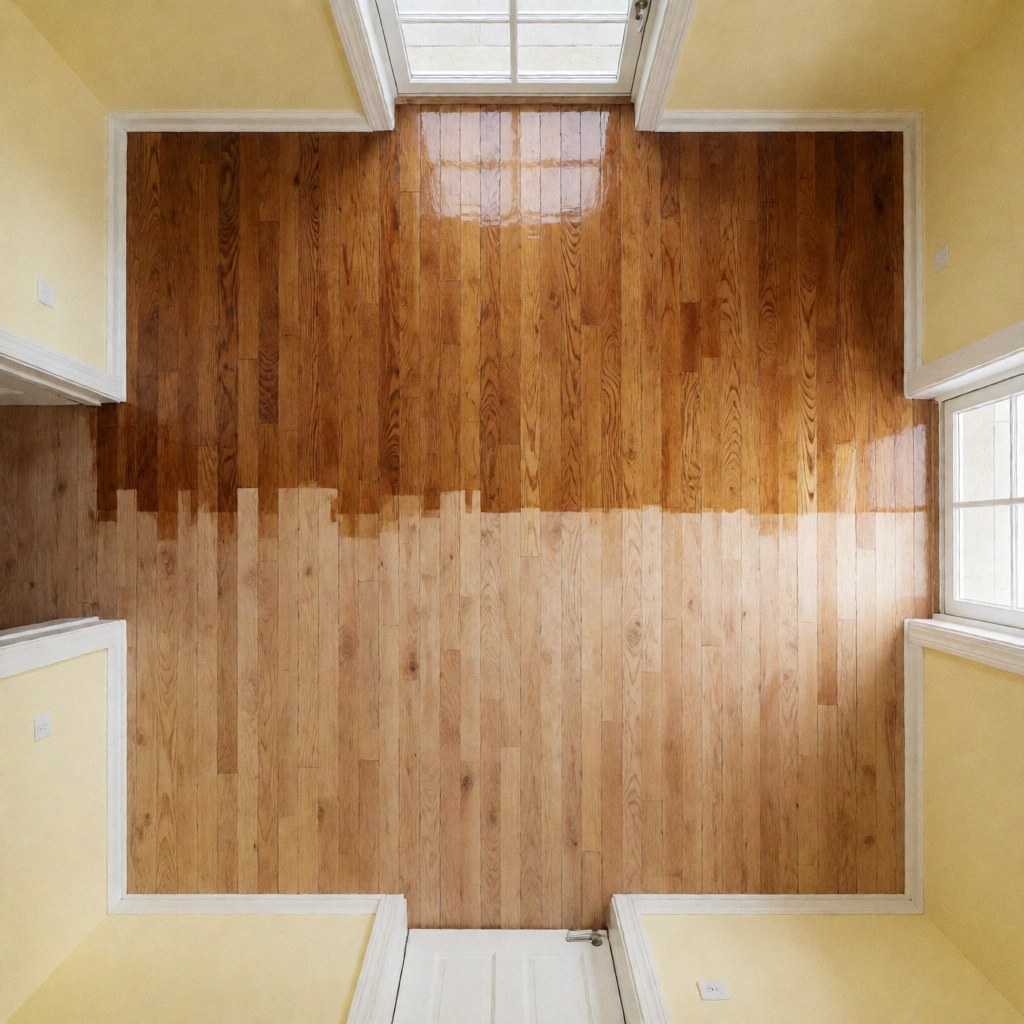 Close-up view of hardwood flooring showing both glossy finished and unfinished sections against pale yellow painted walls.