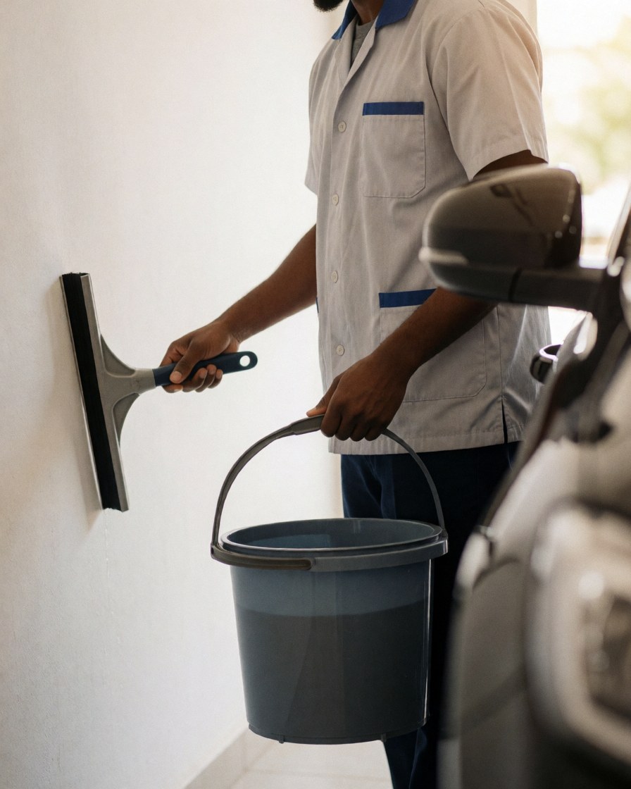 Car wash technician holding a squeegee and bucket, ready to clean a vehicle in a white-walled workshop.