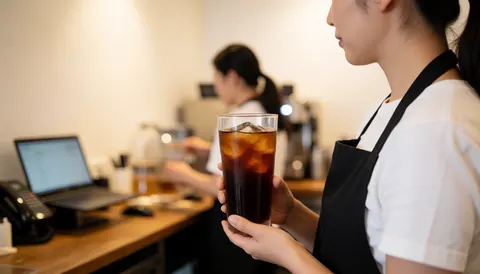 Barista serving a tall glass of iced coffee with ice near a white wall and computer in background