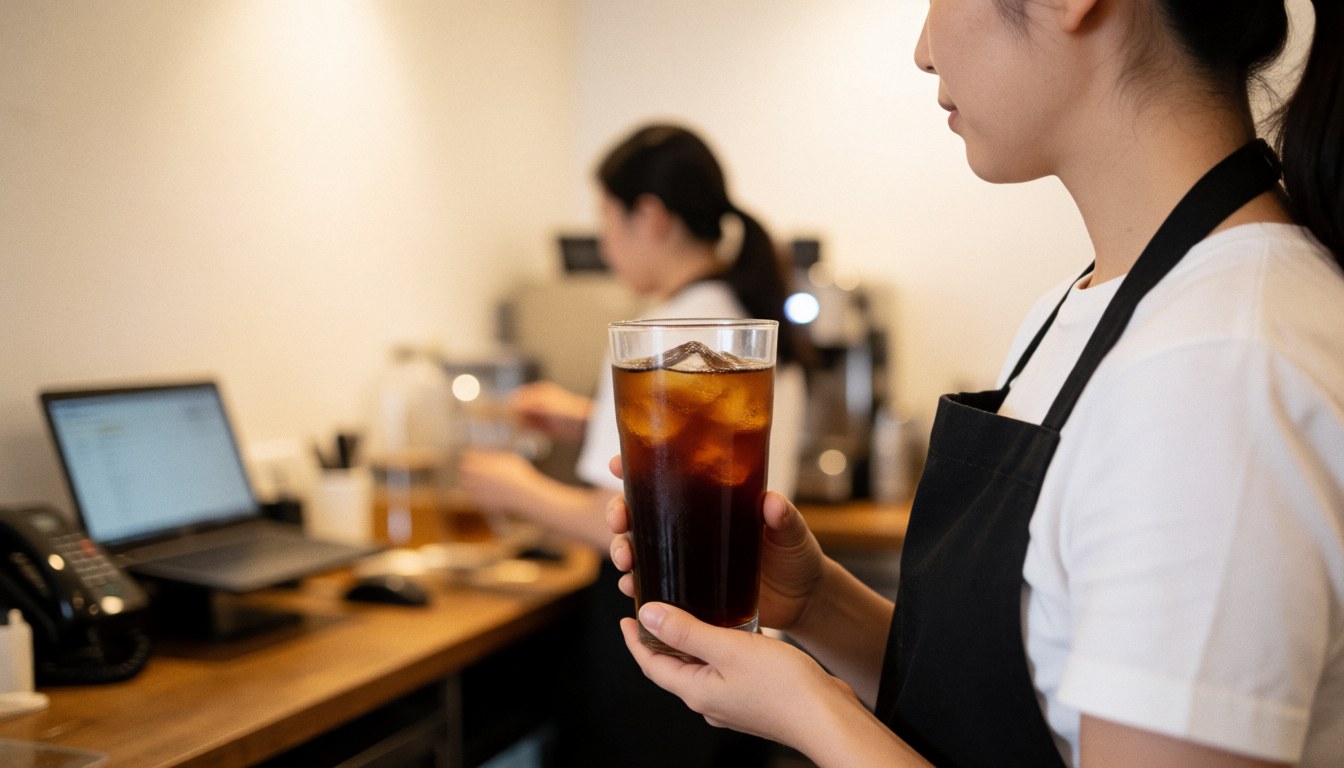 Barista serving a tall glass of iced coffee with ice near a white wall and computer in background