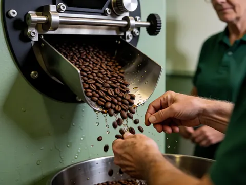 Close-up of hands holding freshly roasted coffee beans with a green wall and dripping water in the background