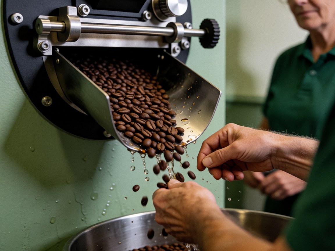 Close-up of hands holding freshly roasted coffee beans with a green wall and dripping water in the background