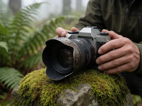 A camera lens resting on a moss-covered stone in a misty forest with ferns, suitable for nature photography studio use.