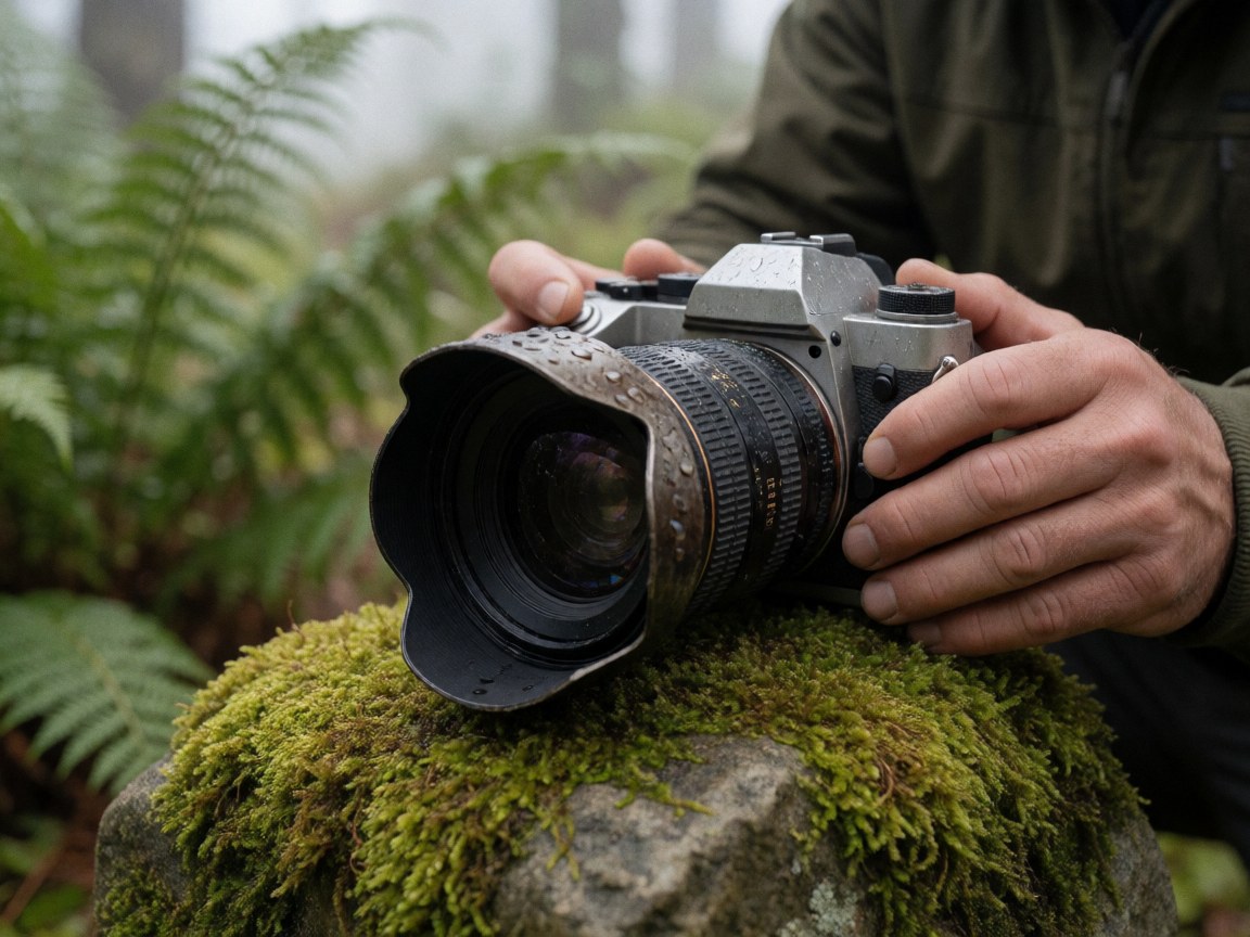 A camera lens resting on a moss-covered stone in a misty forest with ferns, suitable for nature photography studio use.