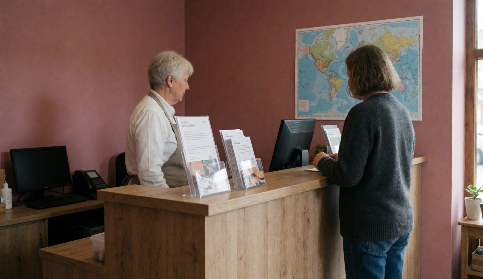 Coffee reception area featuring a world map on the wall, brochures on the counter, pink wall, and natural light