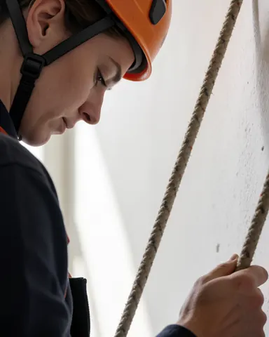 A climbing instructor wearing a helmet and safety gear rappels down a vertical rock face during an outdoor training session.