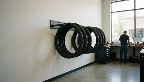 Mountain bike tire strips hanging on a white wall with a man working at a desk with a computer in a bike repair shop