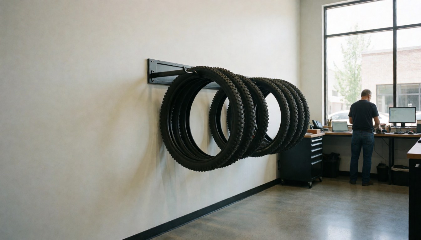 Mountain bike tire strips hanging on a white wall with a man working at a desk with a computer in a bike repair shop