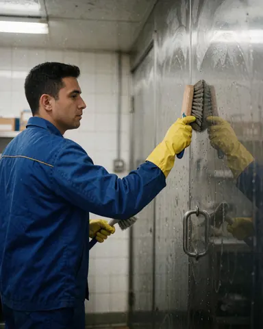 Worker in blue uniform and yellow gloves cleaning a stainless steel wall with a brush in an industrial facility