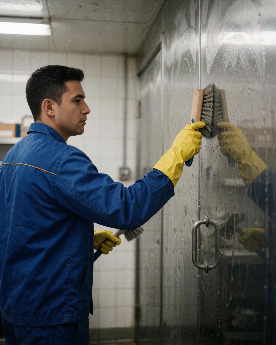 Worker in blue uniform and yellow gloves cleaning a stainless steel wall with a brush in an industrial facility