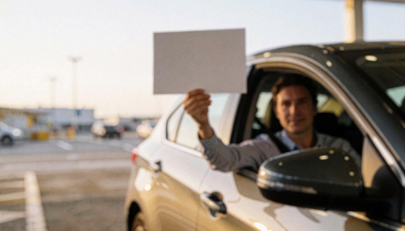Taxi driver at airport holding sign with blurred background