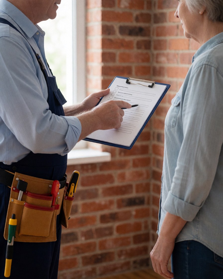 Kitchen appliance repair technician holding a clipboard and tools while explaining a checklist to a client in a kitchen with a brick wall.