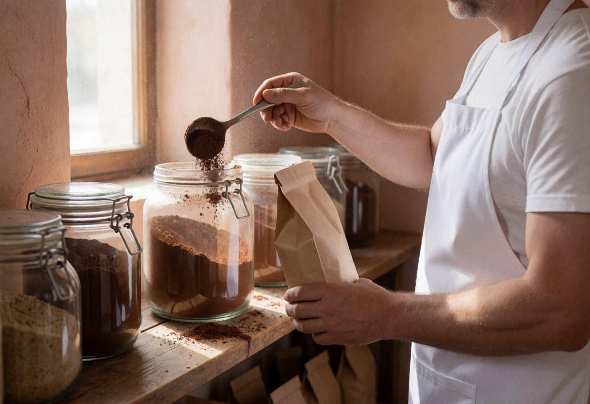 A worker fills a paper pouch with cocoa powder using a spoon, surrounded by glass jars and natural light.
