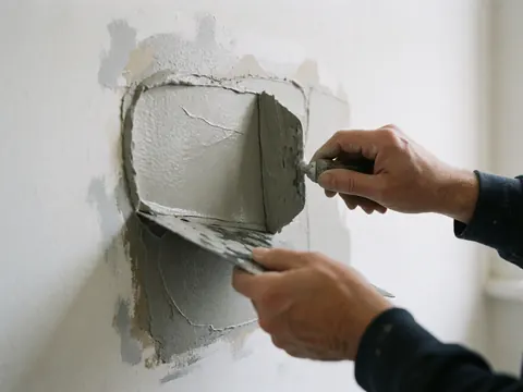 A close-up view of a hand using a tool to apply gray spackling paste into a crack in a wall for repair purposes.