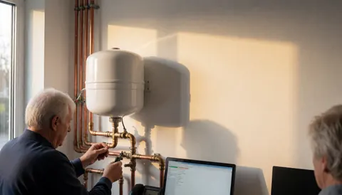 Technician adjusting copper piping near a white expansion tank in a well-lit heating room with sunset light.