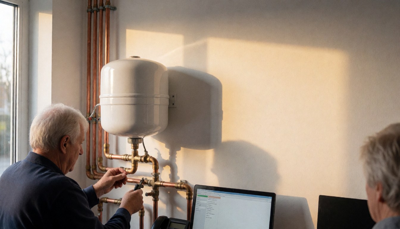 Technician adjusting copper piping near a white expansion tank in a well-lit heating room with sunset light.