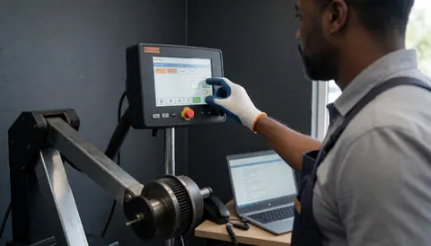Technician wearing gloves adjusts the screen of a digital wheel balancer in a workshop with visible professional equipment and gray walls.