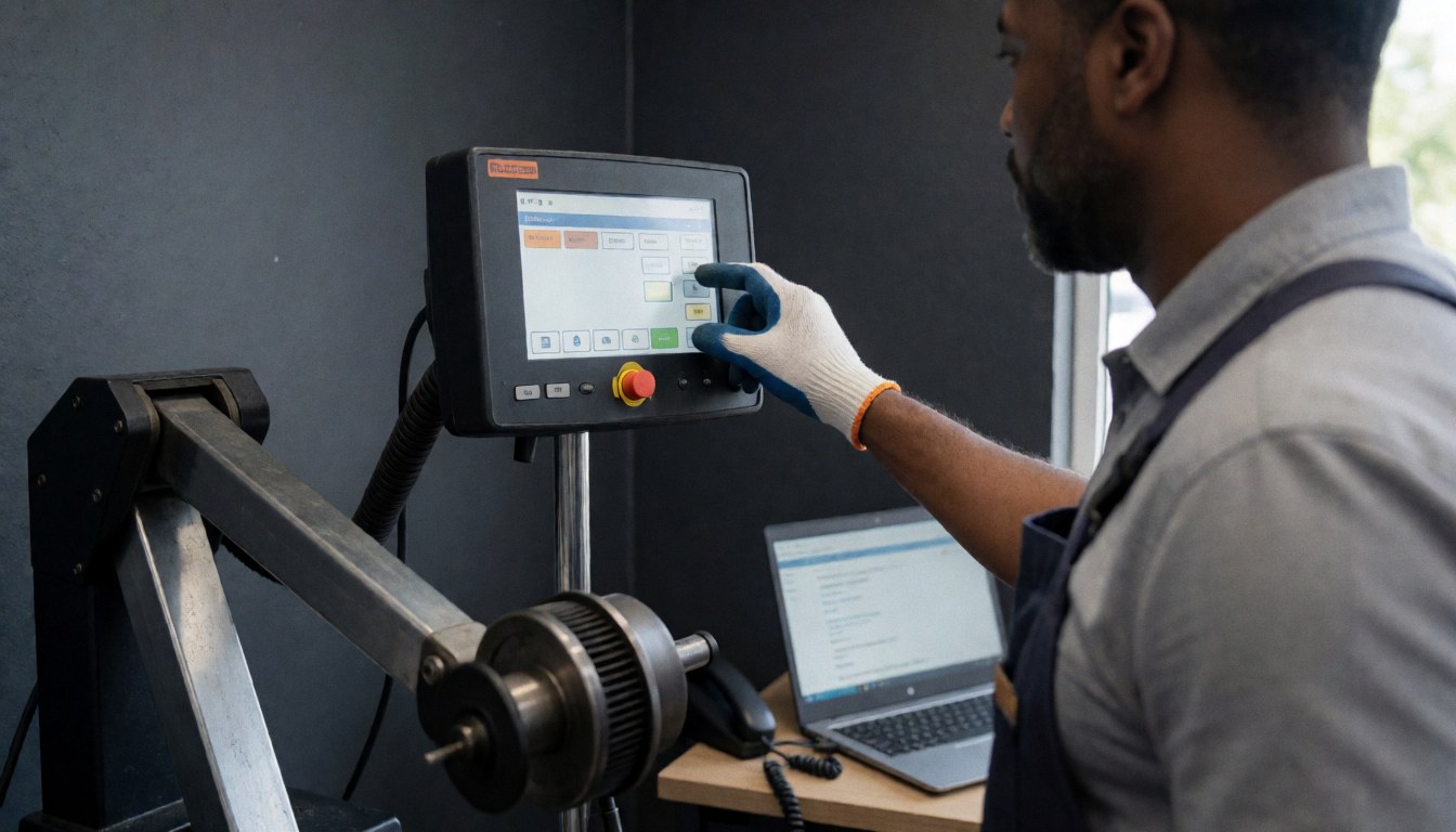 Technician wearing gloves adjusts the screen of a digital wheel balancer in a workshop with visible professional equipment and gray walls.