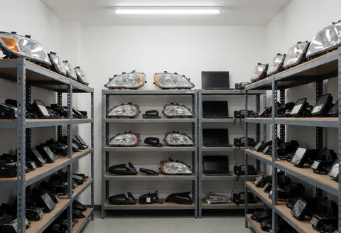 Neatly arranged metal shelves stocked with car headlights, mirrors, and electrical components in a well-lit vehicle recycling facility.