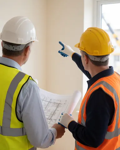 Technician and client reviewing blueprints with a crane visible in the background