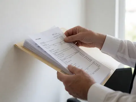 Close-up of hands sorting through invoices in a beige folder on a white surface with natural lighting for accounting services
