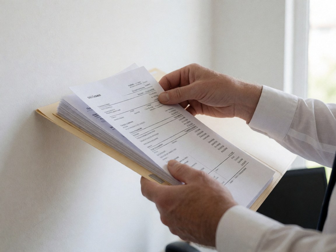 Close-up of hands sorting through invoices in a beige folder on a white surface with natural lighting for accounting services