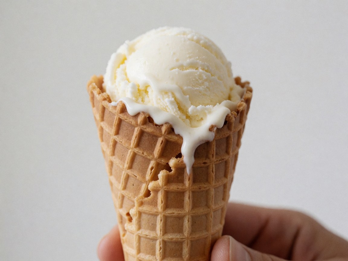 Melting vanilla ice cream served in a waffle cone held by a hand against a white background, suitable for dessert or resort marketing.