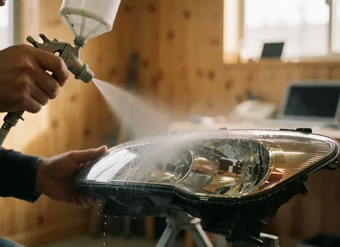 Hands using a spray gun to apply a transparent coating on a car headlight in a workshop with wooden walls.