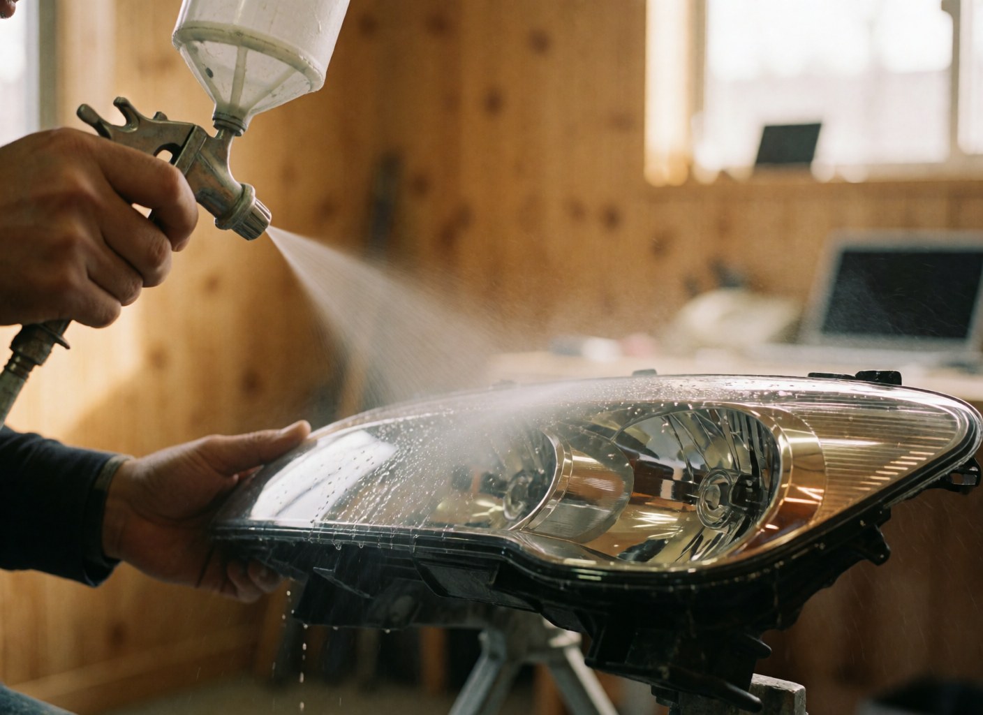 Hands using a spray gun to apply a transparent coating on a car headlight in a workshop with wooden walls.